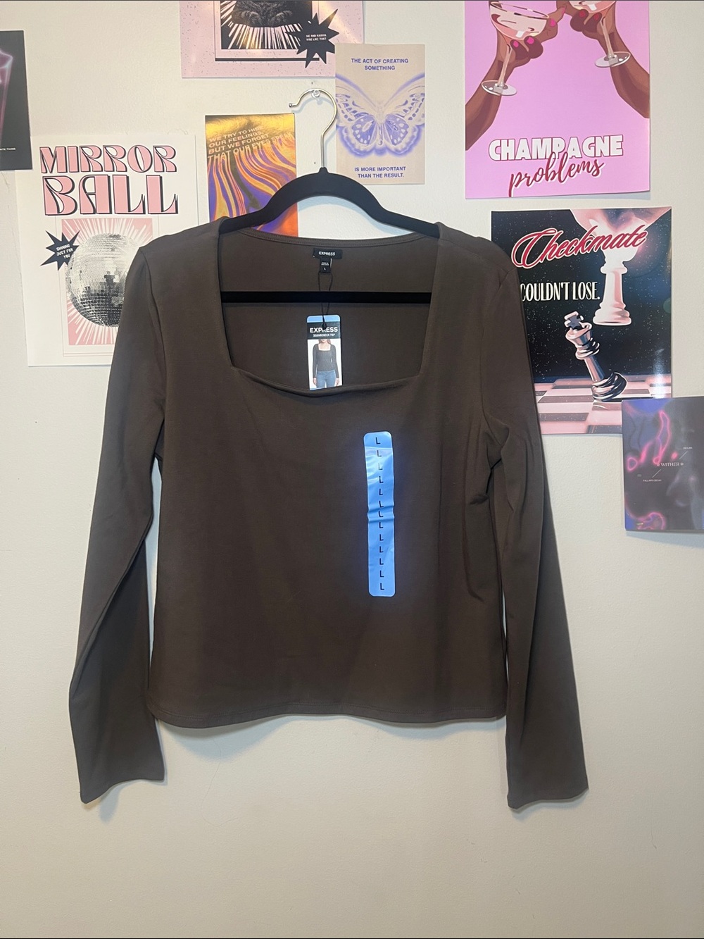 Express Long Sleeve Scoop Neck Top - Brown